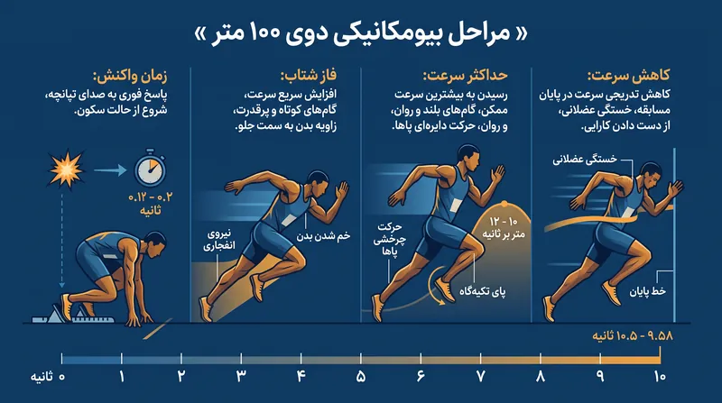 پیروزی در دوی ۱۰۰ متر با تسلط بر مراحل بیومکانیکی متمایز حاصل می‌شود.