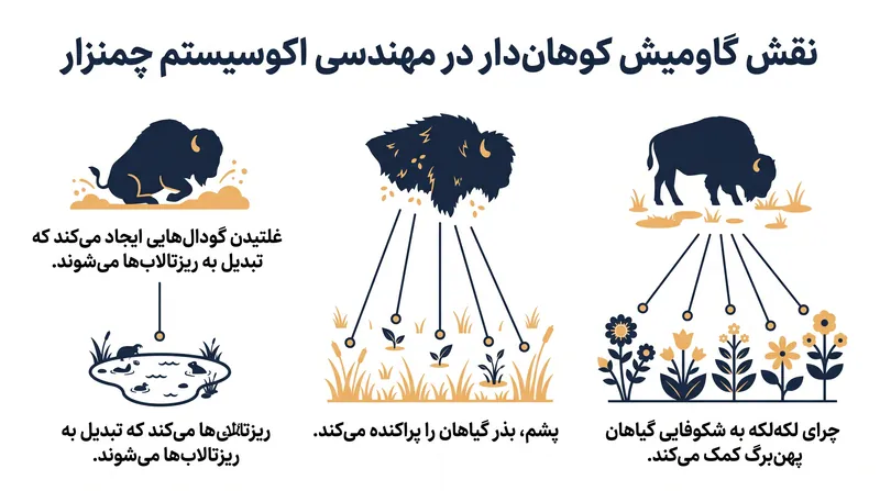 نقش گاومیش کوهاندار به عنوان مهندس اکوسیستم در تغییر شکل مراتع.