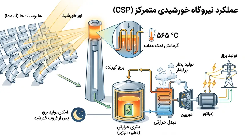 نحوه استفاده نیروگاه خورشیدی متمرکز از نمکهای مذاب به عنوان باتری حرارتی برای تولید برق پس از غروب خورشید.
