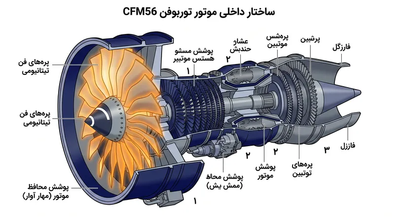 کالبدشکافی موتور توربوفن و محفظه مهار آن.
