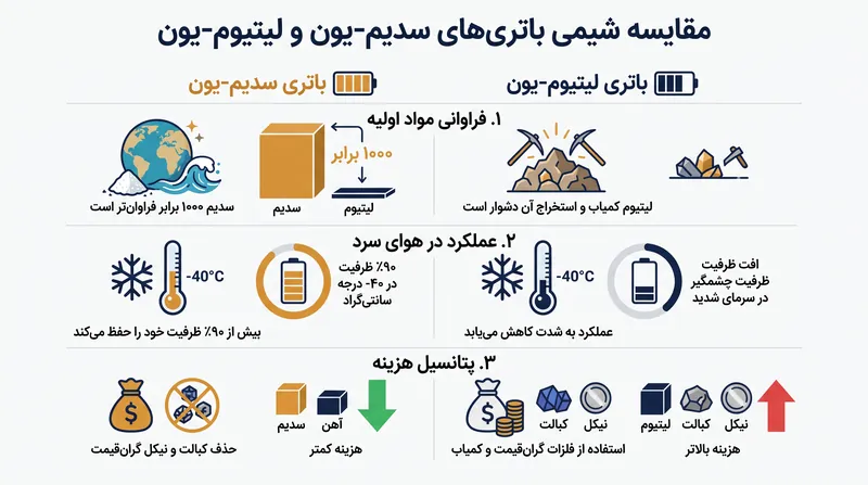 باتریهای سدیم-یون کاهش جزئی در چگالی انرژی مطلق را با دستاوردهای عظیم در فراوانی مواد اولیه و مقاومت در برابر سرمای شدید معاوضه میکنند.