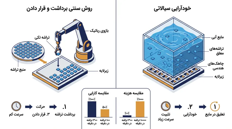 مونتاژ سیالاتی از نیروهای مویینگی و دینامیک سیالات برای قرار دادن همزمان میلیونها LED در جای خود استفاده میکند.