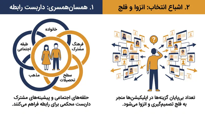 زوجهایی که به صورت سنتی یا طبیعی آشنا میشوند، اغلب از «همسانهمسری» — یعنی پیشینههای اجتماعی، تحصیلی و فرهنگی مشترک — سود میبرند.