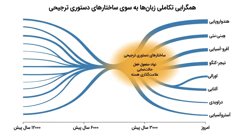 تحلیل فضازمانتبارزایی بیزی نشان میدهد که چگونه زبانهای نامرتبط به طور مکرر در طول زمان به راهحلهای دستوری مشابه همگرا میشوند.