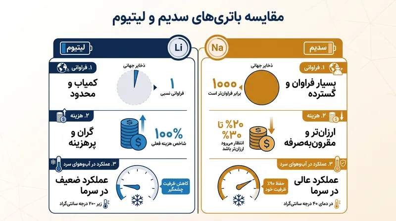سدیم، با وجود سنگینتر بودن از لیتیوم، مزایای بسیار زیادی در فراوانی و عملکرد در آبوهوای شدید ارائه میدهد.