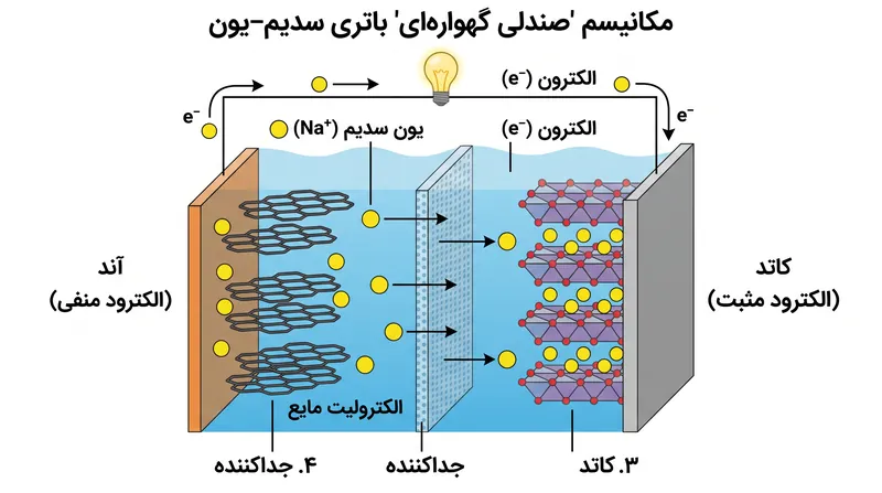 باتریهای سدیم-یون بر اساس همان اصول الکتروشیمیایی باتریهای لیتیوم-یون کار میکنند، اما از یونهای سدیم بزرگتر و فراوانتر به عنوان حامل بار استفاده میکنند.
