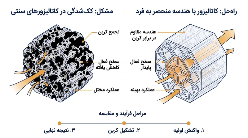 برخلاف کاتالیزورهای نیکل سنتی، هندسه منحصر به فرد NiMoCat از تجمع کربن جامد و مسدود کردن واکنش جلوگیری میکند.