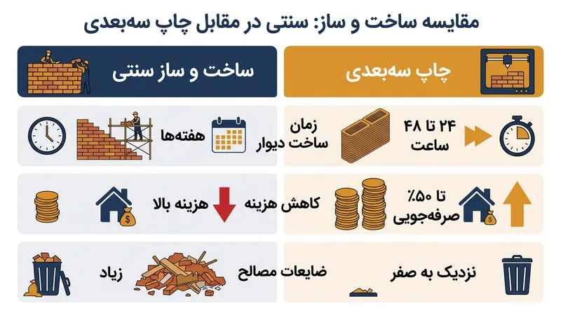 چاپ سهبعدی ساختمانی مزایای قابل توجهی در سرعت، هزینه و بهرهوری مصالح در مقایسه با ساخت و ساز سنتی ارائه میدهد.