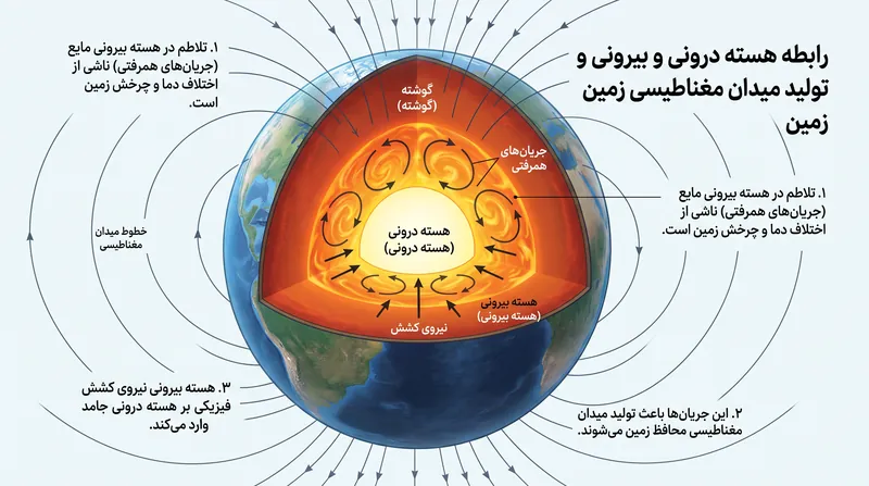دینامیک سیالات هسته بیرونی مایع، ضمن تولید میدان مغناطیسی محافظ زمین، کشش فیزیکی بر هسته درونی اعمال میکند.