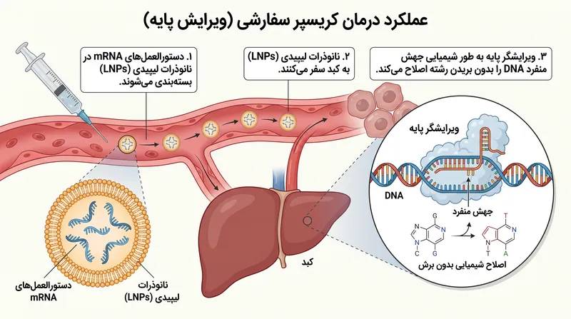 برخلاف کریسپر سنتی، ویرایش پایه به طور شیمیایی یک حرف DNA را بدون شکستن مارپیچ دوتایی تغییر می‌دهد.