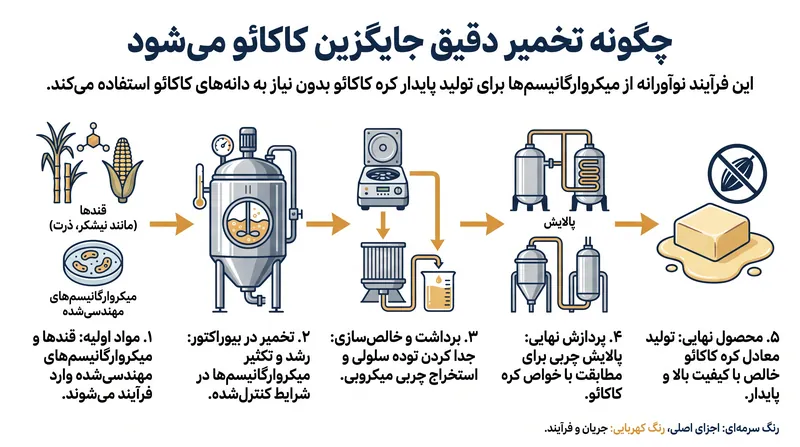 تخمیر دقیق از میکروب‌های مهندسی‌شده برای تولید چربی‌هایی استفاده می‌کند که از نظر بیولوژیکی با کره کاکائو طبیعی یکسان هستند.