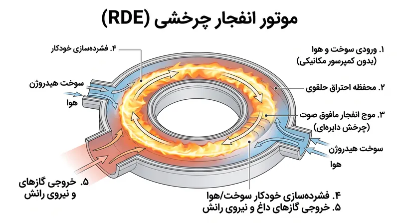 نحوه استفاده احتراق با افزایش فشار از امواج ضربهای مافوق صوت برای فشردهسازی سوخت بدون قطعات متحرک.