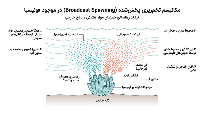 فونیسیا احتمالاً از طریق تخمریزی پخششده تولید مثل میکرده است و مواد ژنتیکی را به طور همزمان در ستون آب آزاد میکرده است.