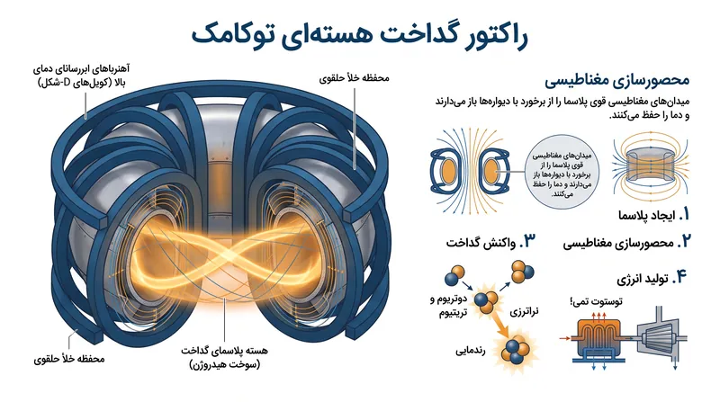 توکامک از میدانهای مغناطیسی قدرتمند برای محصور کردن پلاسمای فوقداغ استفاده میکند و از تماس آن با دیوارههای راکتور جلوگیری مینماید.