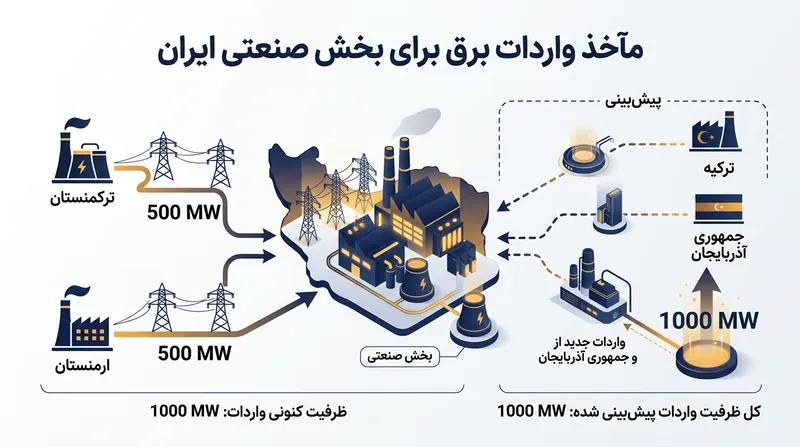 ظرفیت‌های فعلی و پیش‌بینی‌شده واردات برق ایران از کشورهای همسایه برای تأمین نیاز صنایع.