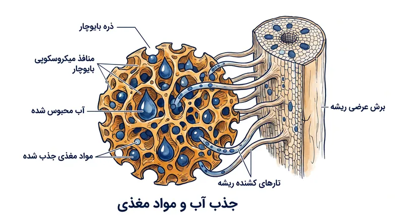 در سطح میکروسکوپی، بایوچار یک پناهگاه فیزیکی برای میکروبهای مفید و یک مخزن برای رطوبت فراهم میکند.