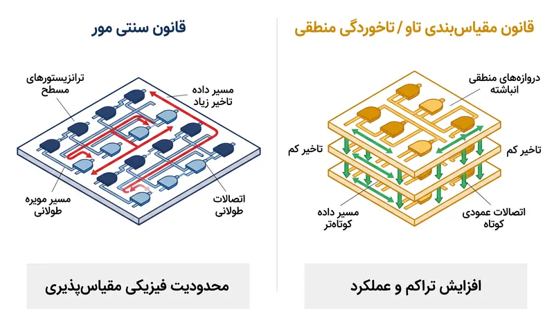 تاخوردگی منطقی، دروازه‌های منطقی اصلی را به صورت عمودی روی هم قرار می‌دهد و فاصله فیزیکی مورد نیاز برای حرکت سیگنال‌ها را کاهش می‌دهد.
