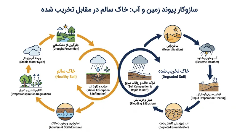 خاک سالم به عنوان یک اسفنج حیاتی عمل می‌کند، اقلیم‌های محلی را تنظیم کرده و شدت خشکسالی‌ها و سیل‌ها را کاهش می‌دهد.