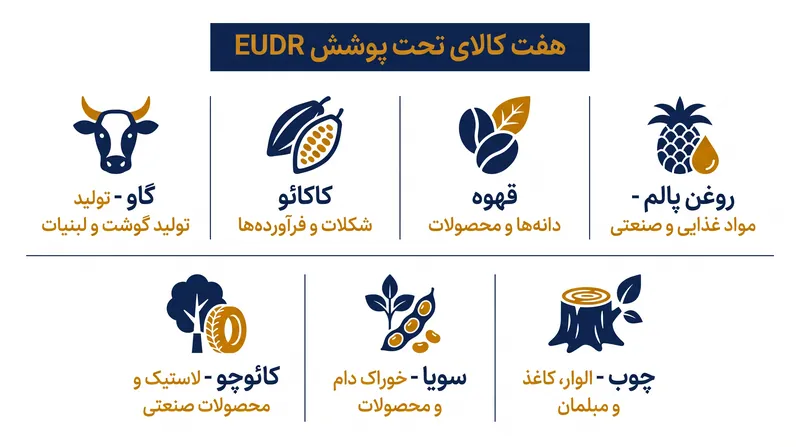 هفت کالای کشاورزی اصلی که مقررات جنگل‌زدایی اتحادیه اروپا آن‌ها را هدف قرار داده است.