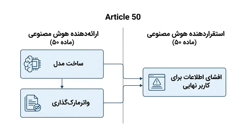 ماده ۵۰ وظایف انطباق را بین شرکت‌های فناوری که مدل‌ها را می‌سازند و کسب‌وکارهایی که آنها را به کار می‌گیرند، تقسیم می‌کند.