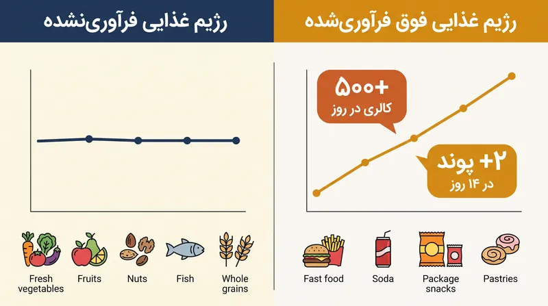 حتی زمانی که درشت‌مغذی‌ها کاملاً مطابقت داده شده‌اند، رژیم‌های غذایی فوق فرآوری‌شده منجر به پرخوری غیرفعال قابل توجهی می‌شوند.