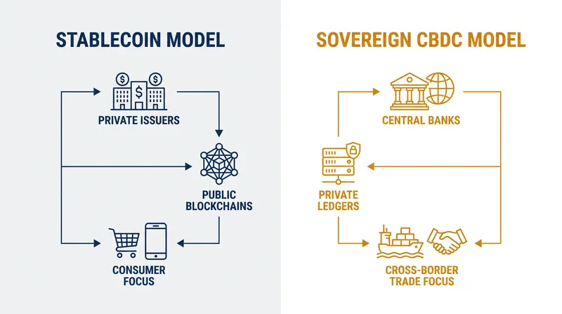 تفاوت ساختاری مدل استیبل‌کوین آمریکا با مدل CBDC حاکمیتی.