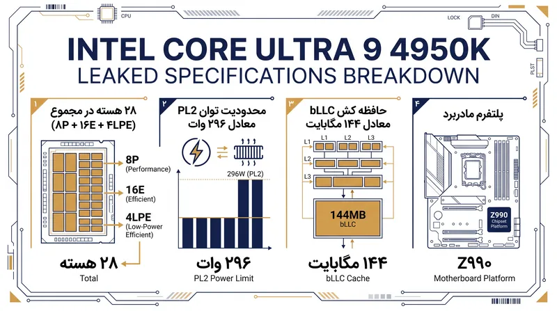 مشخصات شایعه شده Core Ultra 9 4950K بر تعداد هسته عظیم و افزایش قابل توجه مصرف برق تأکید دارد.