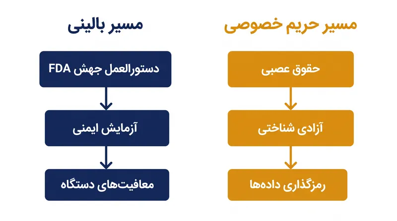 صنعت فناوری عصبی با یک محیط نظارتی دو مسیره روبرو است: ایمنی بالینی در یک طرف، و حریم خصوصی شناختی در طرف دیگر.