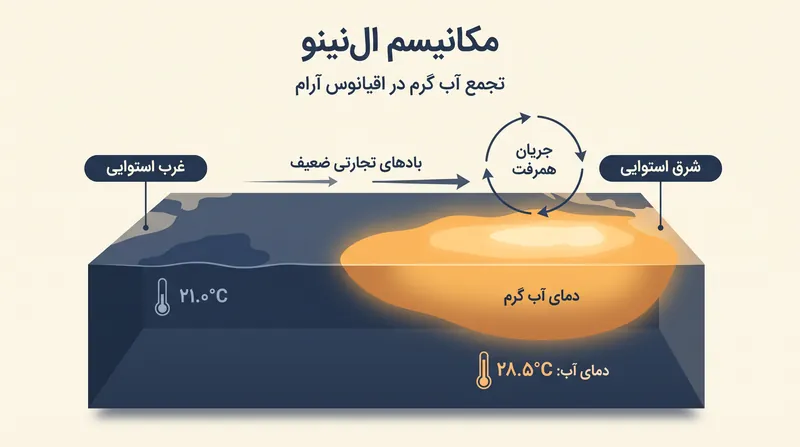 چگونگی تغییر گردش اقیانوس توسط ال‌نینو و تمرکز گرما در اقیانوس آرام استوایی.