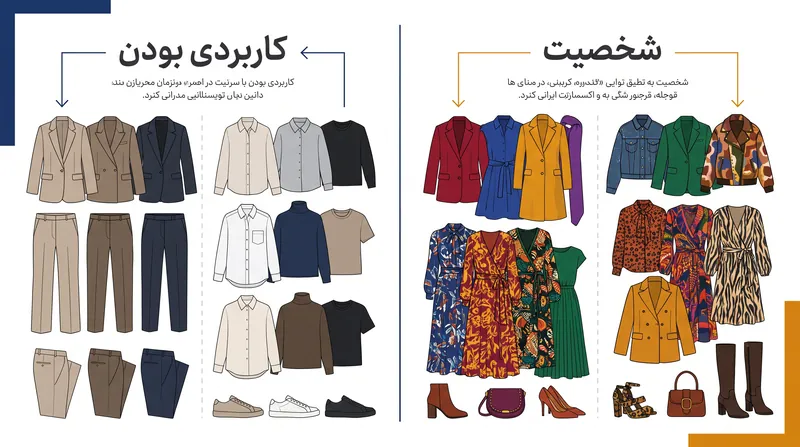 «کمد لباس دوگانه» مدرن، تجمل آرام را برای کاربرد عملی روزمره با قطعات بیانی برای دیده شدن اجتماعی متعادل می‌کند.