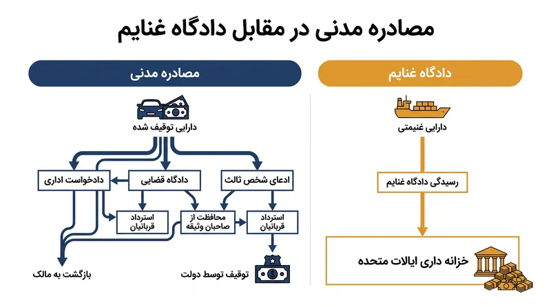 دادگاه‌های غنایم از لحاظ نظری مسیری سریع‌تر برای نقد کردن دارایی‌های توقیف‌شده ارائه می‌دهند، زیرا مداخله مدعیان شخص ثالث را محدود می‌کنند.