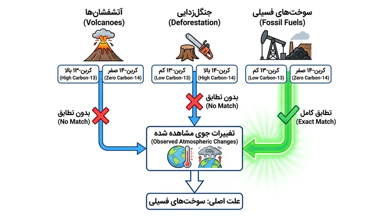 سوخت‌های فسیلی تنها منبعی هستند که با هر دو امضای زیستی (کربن-۱۳ کم) و باستانی (کربن-۱۴ صفر) یافت شده در جو مطابقت دارند.