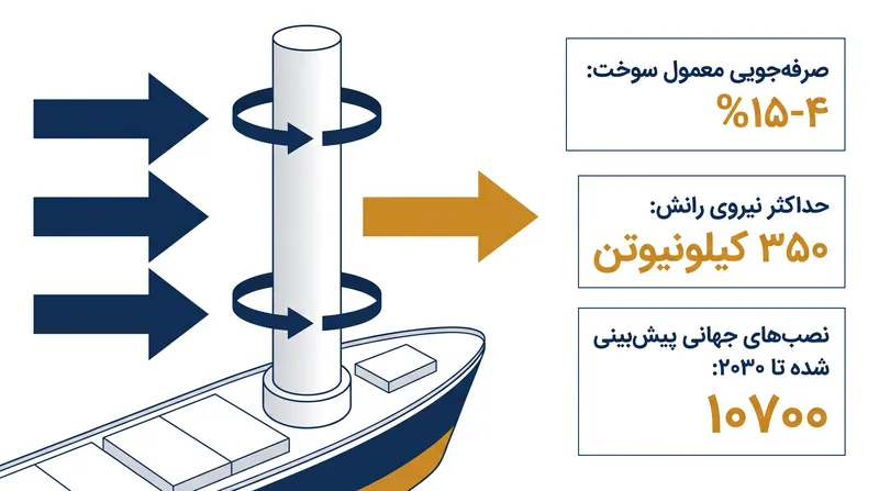 نحوه مهار بادهای جانبی توسط سیلندرهای چرخان برای ایجاد نیروی برآی آیرودینامیکی که کشتی را به جلو می‌راند.