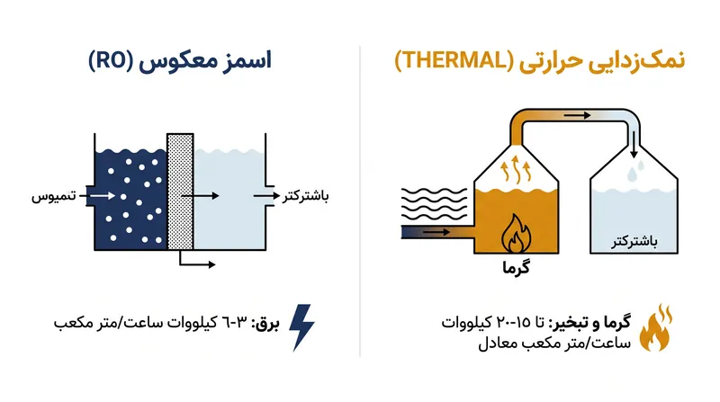 اسمز معکوس به طور قابل توجهی انرژی خام کمتری نسبت به روش‌های جوشاندن حرارتی نیاز دارد.