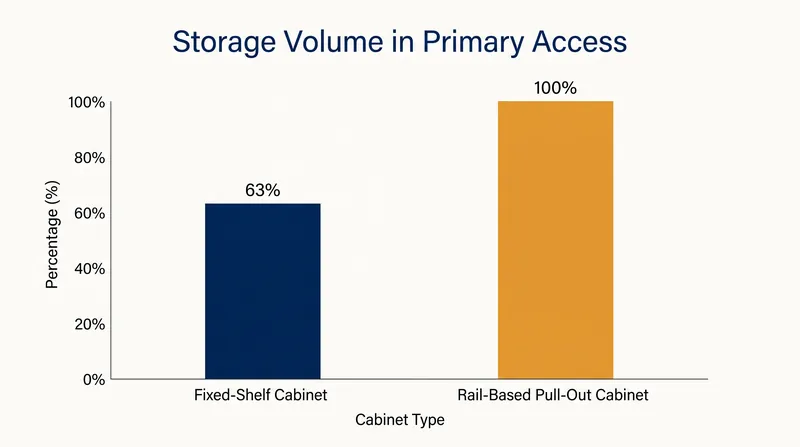 قفسه‌بندی‌های کشویی، حجم قابل دسترسی با کشش را به حجم قابل دسترسی اولیه تبدیل کرده و فضای قابل استفاده را به حداکثر می‌رسانند.