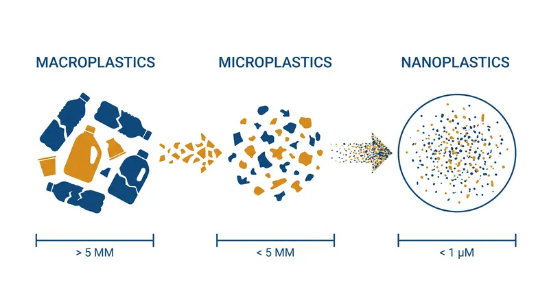 خط لوله تخریب از زباله‌های پلاستیکی ماکروسکوپی تا نانوپلاستیک‌های زیست‌دردسترس.