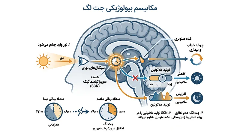 هسته سوپراکیاسماتیک (SCN) به عنوان ساعت اصلی بدن عمل می‌کند و از نور برای تنظیم تولید هورمون استفاده می‌نماید.