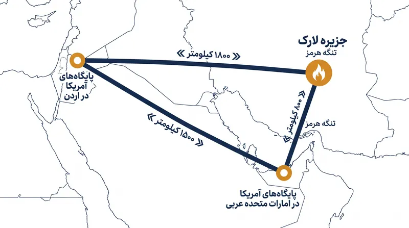 گستره جغرافیایی آخرین تشدید تنش، از تنگه هرمز تا منطقه شام.