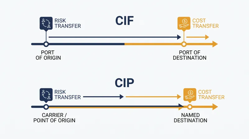 تحت اصطلاحات «C» مانند CIF، فروشنده هزینه ترانزیت را می‌پردازد، اما خریدار ریسک زیان را قبل از حرکت کشتی بر عهده می‌گیرد.