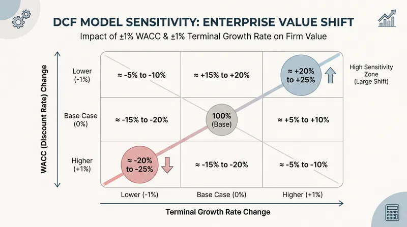 ارزش‌گذاری‌های DCF نسبت به تعدیلات جزئی در نرخ تنزیل و مفروضات رشد نهایی بسیار حساس هستند.