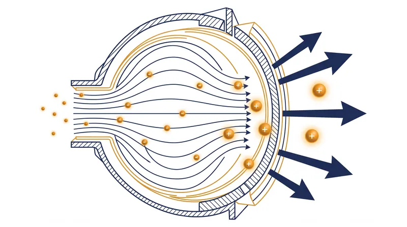 در داخل پیشرانه، یک میدان مغناطیسی الکترون‌ها را به دام می‌اندازد که گاز پیشرانه تزریق شده را یونیزه می‌کنند و به یک میدان الکتریکی اجازه می‌دهند تا یون‌ها را به سمت بیرون شتاب دهد.