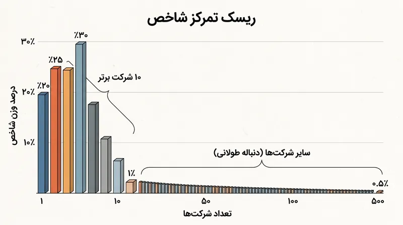از آنجایی که صندوق‌های شاخصی استاندارد بر اساس اندازه وزن‌دهی می‌شوند، می‌توانند به شدت در تعداد انگشت‌شماری از شرکت‌های با ارزش بازار بسیار بزرگ (Mega-Cap) متمرکز شوند.