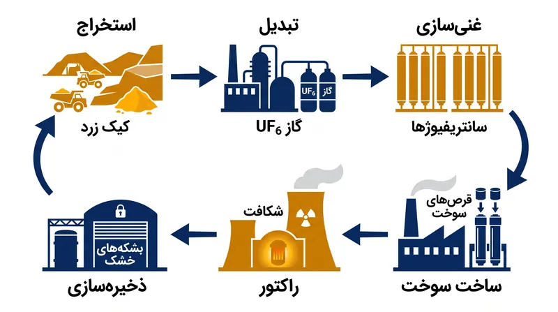 «بخش ابتدایی» چرخه سوخت، اورانیوم خام را برای راکتور آماده می‌کند، در حالی که «بخش انتهایی» سوخت مصرف شده را مدیریت می‌کند.