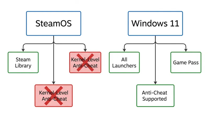 در حالی که SteamOS برتری چشمگیری در بهره‌وری دارد، Windows 11 برای بازی‌های تیراندازی چندنفره رقابتی که به دسترسی عمیق سیستمی متکی هستند، همچنان اجباری است.