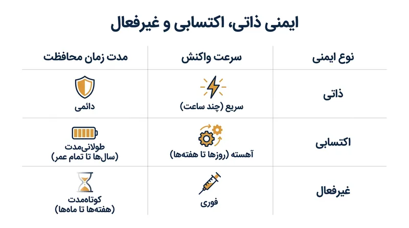 هر نوع ایمنی بر اساس مصالحه‌ای بین سرعت استقرار و طول عمر محافظت عمل می‌کند.