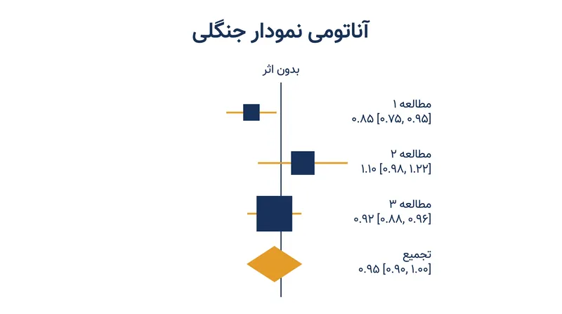 نمودار جنگلی وزن و دقت هر مطالعه را به صورت بصری نشان می‌دهد که در الماس تجمیع شده به اوج می‌رسد.