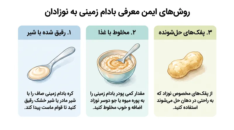 بادام زمینی کامل خطر خفگی دارد؛ معرفی ایمن متکی بر پوره‌های رقیق شده، پودرها یا پفک‌های حل‌شونده است.