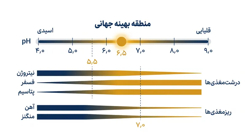 دسترسی به مواد مغذی ضروری گیاه در یک پنجره باریک pH به اوج خود می‌رسد.