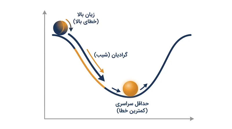 گرادیان کاهشی شیب منحنی خطا را محاسبه می‌کند تا جهتی را که وزن‌های مدل باید به‌روزرسانی شوند، تعیین کند.