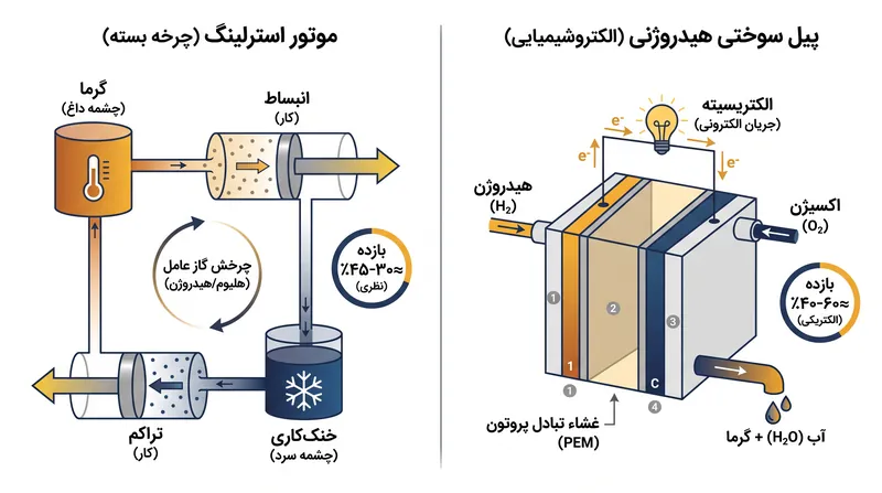 احتراق خارجی مکانیکی در مقابل تولید برق الکتروشیمیایی حالت جامد.